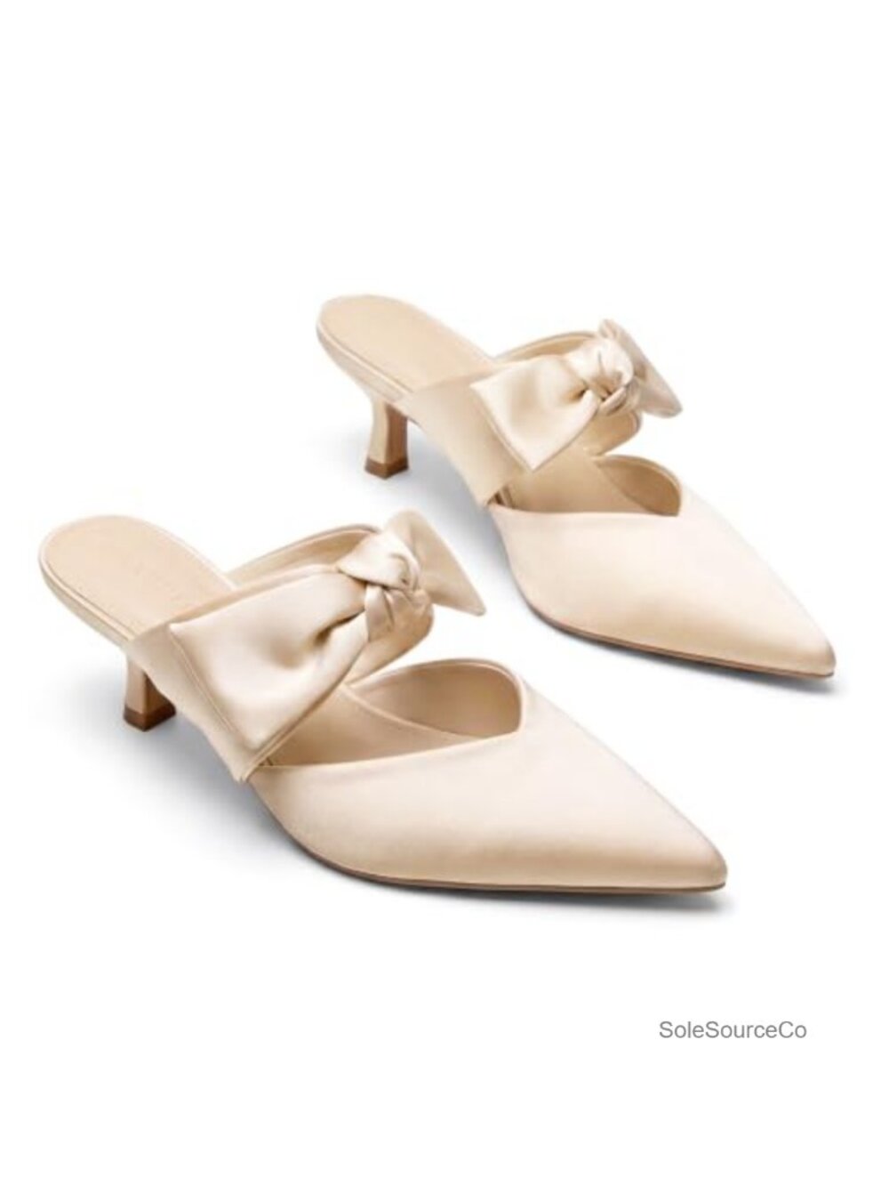 Women's Satin Bow Mule Kitten Heels Bridal Dress Shoes Pointed Toe Slip On